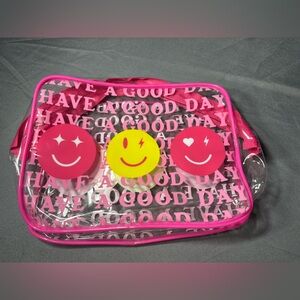 New Clear Pink 'Have A Good Day' Cosmetic Bag with Smiley Face Decorations